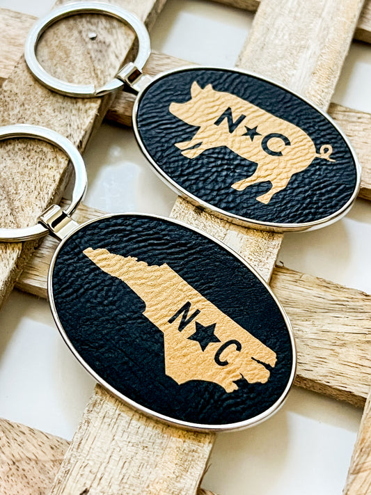 NC Map Leather + Metal Keychain