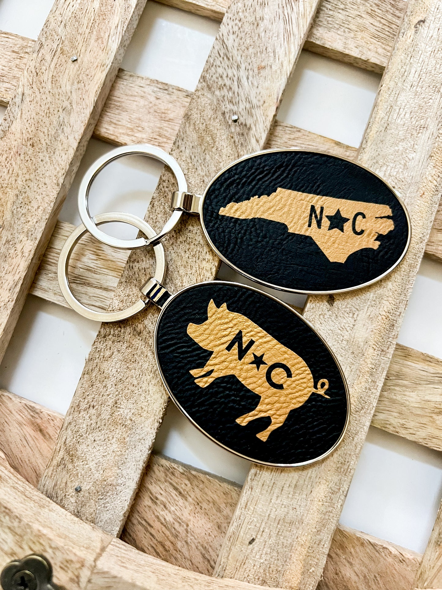 NC Map Leather + Metal Keychain