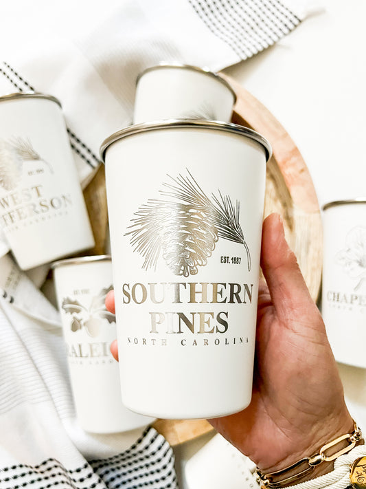Southern Pines Engraved White Pint Cup