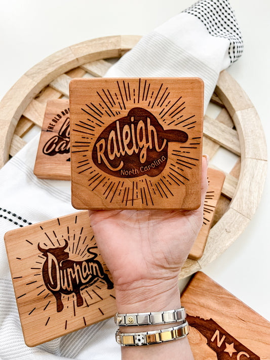 Retro Raleigh Engraved Square Wood Coaster