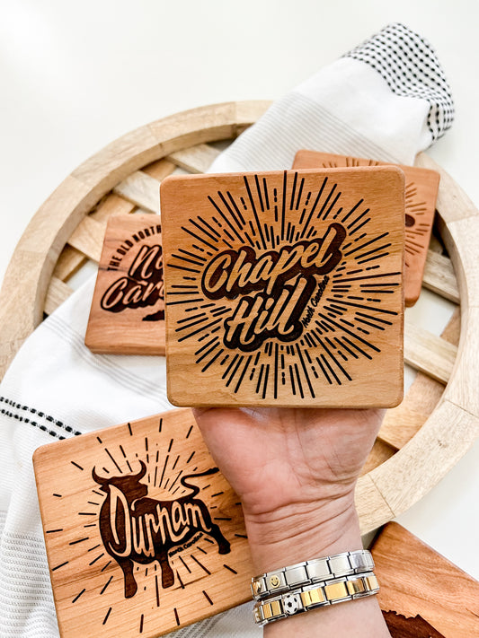 Retro Chapel Hill Engraved Square Wood Coaster