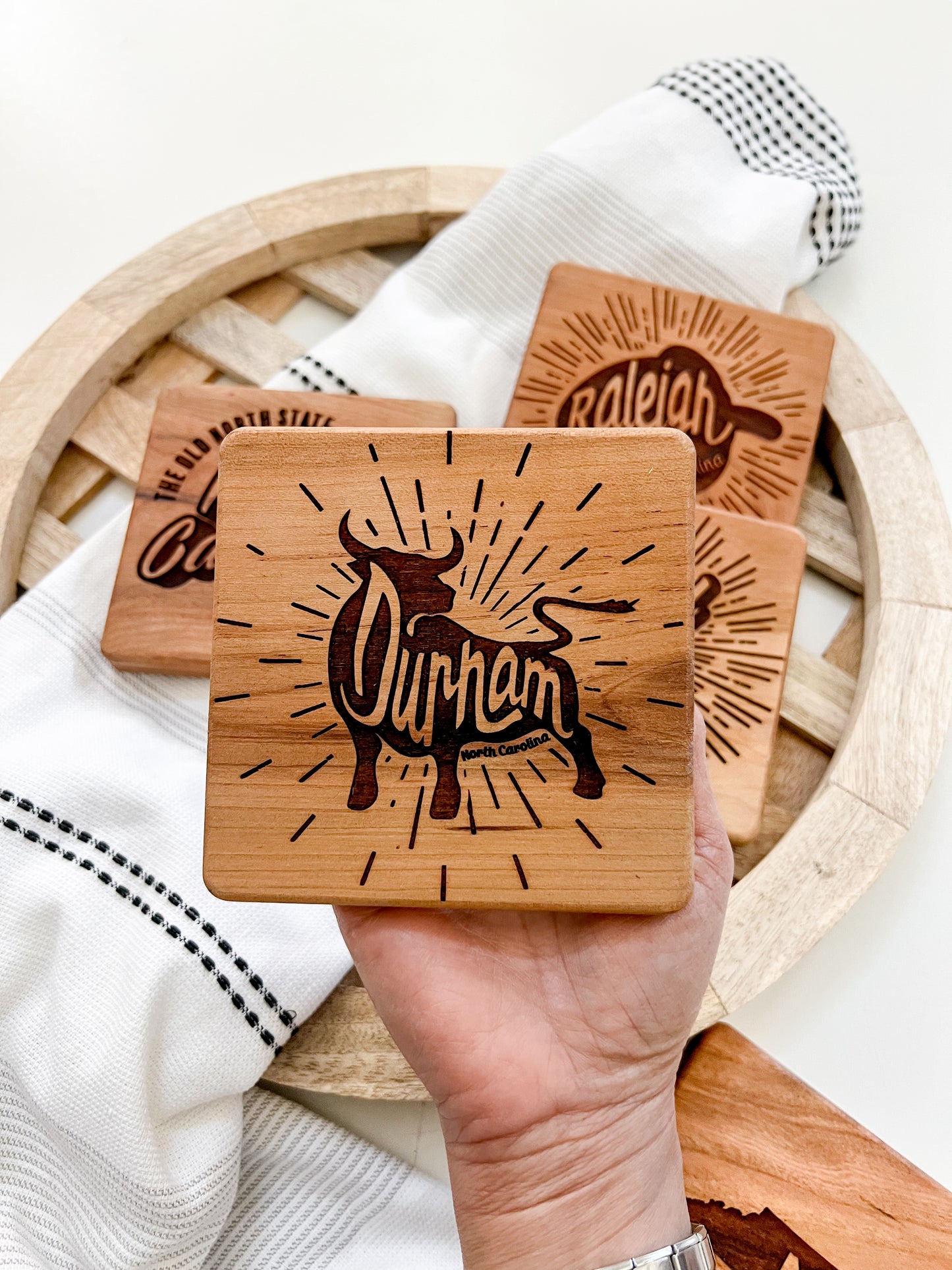 Retro Durham Engraved Square Wood Coaster