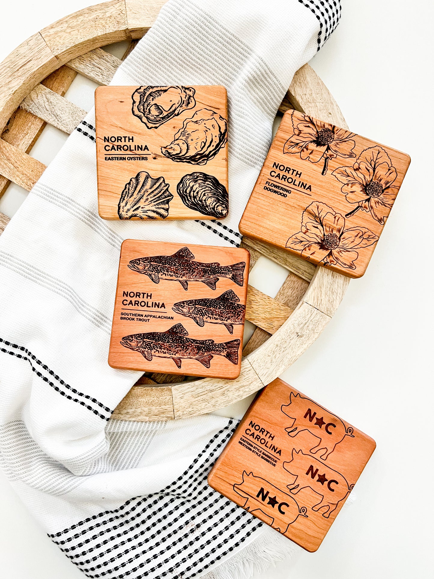 NC Eastern and Western Style Barbecue Engraved Square Wood Coaster