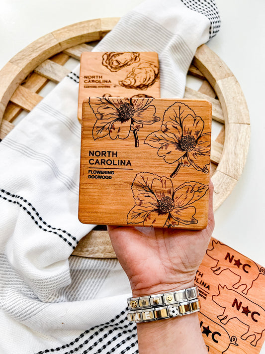NC Flowering Dogwood Engraved Square Wood Coaster