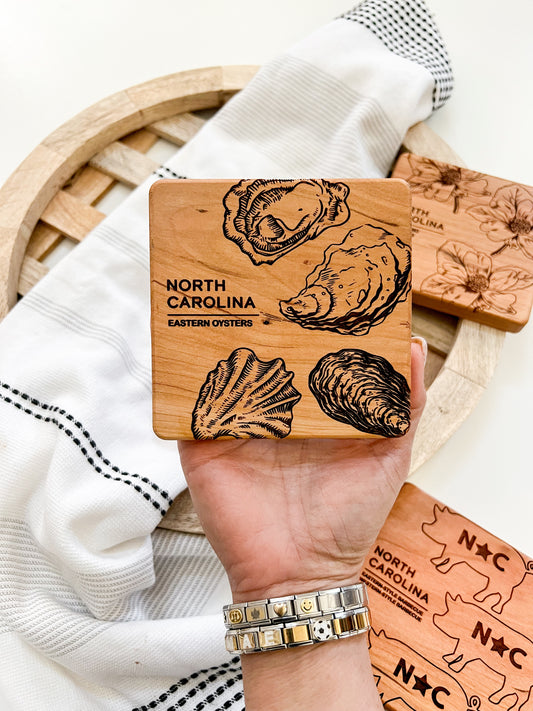 NC Eastern Oyster Engraved Square Wood Coaster