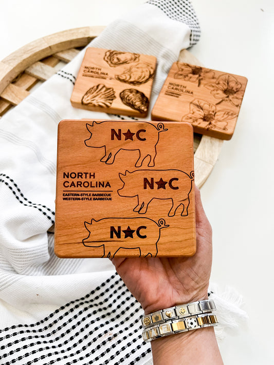 NC Eastern and Western Style Barbecue Engraved Square Wood Coaster