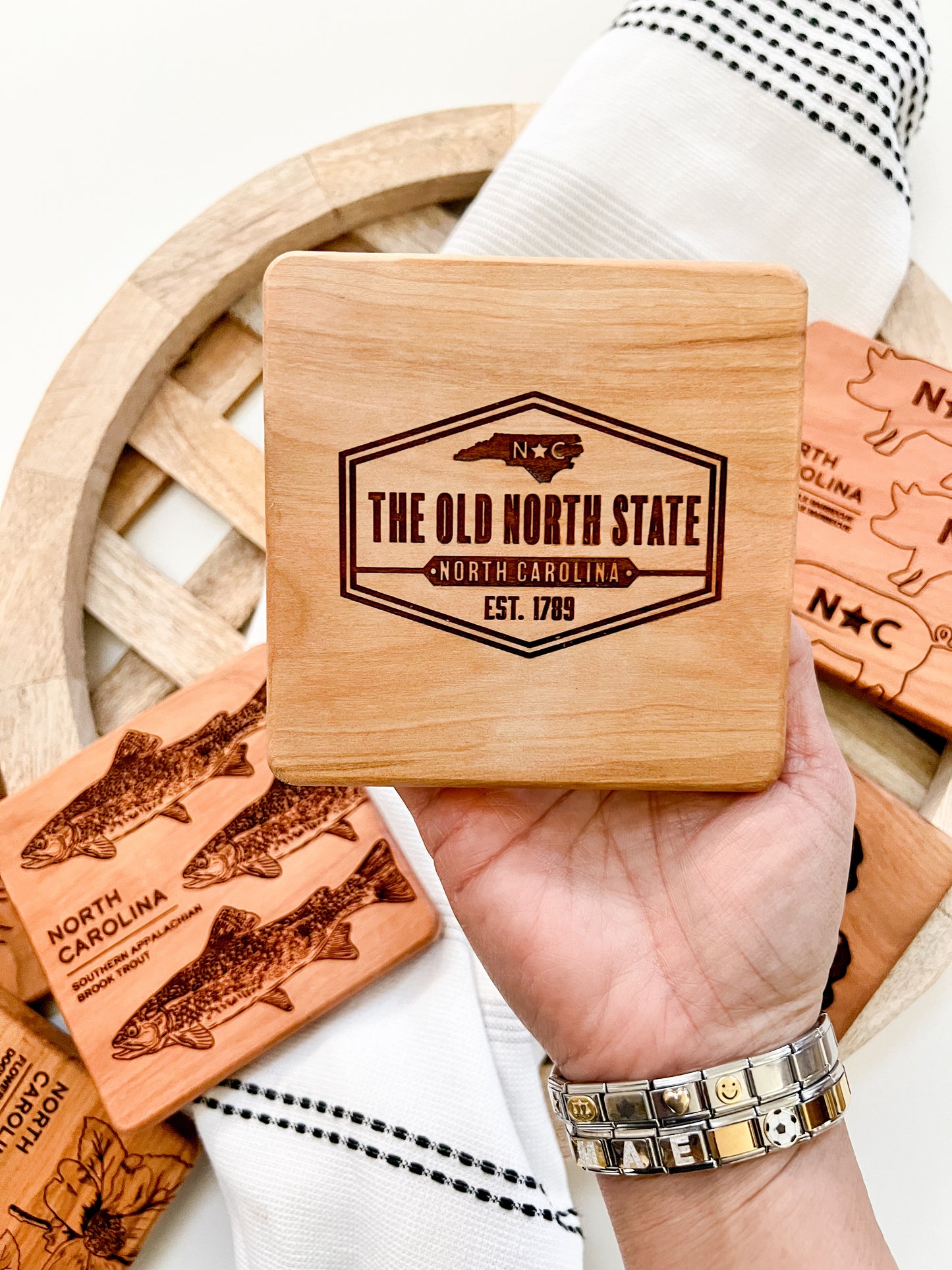 The Old North State NC Badge Engraved Square Wood Coaster