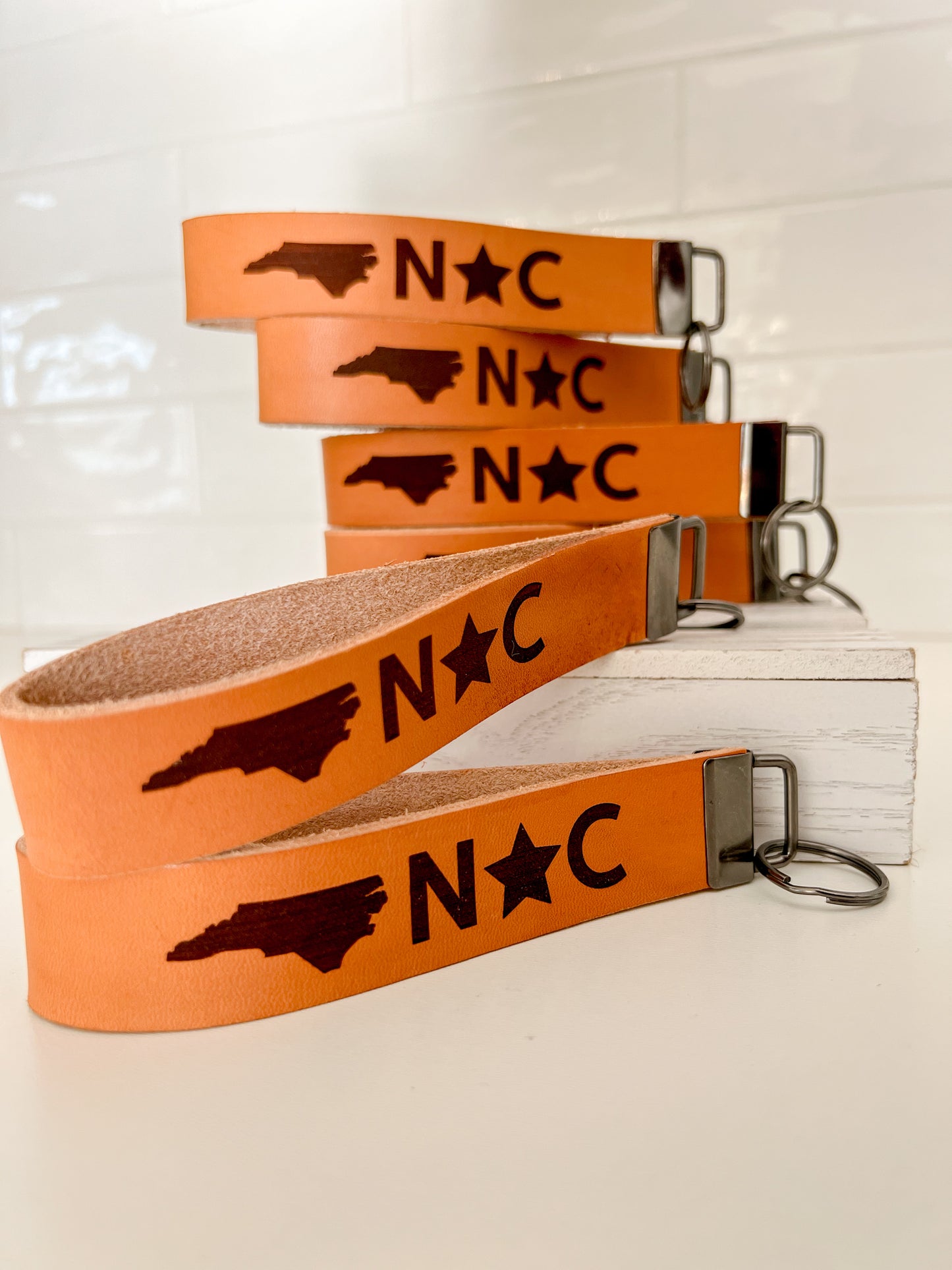NC Map Leather Wristlet Keychain