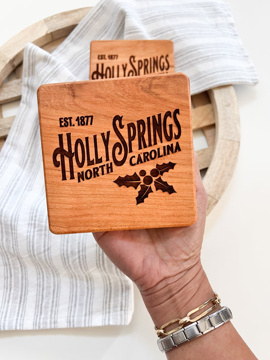 Holly Springs NC Engraved Square Wood Coaster