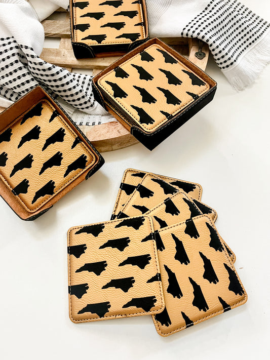 Black and Gold Leather NC Map Coaster Set