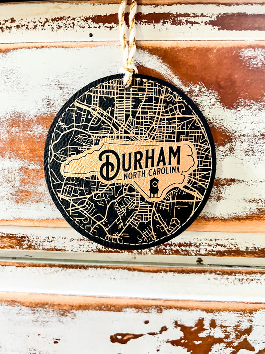 Durham Map Leather Ornament