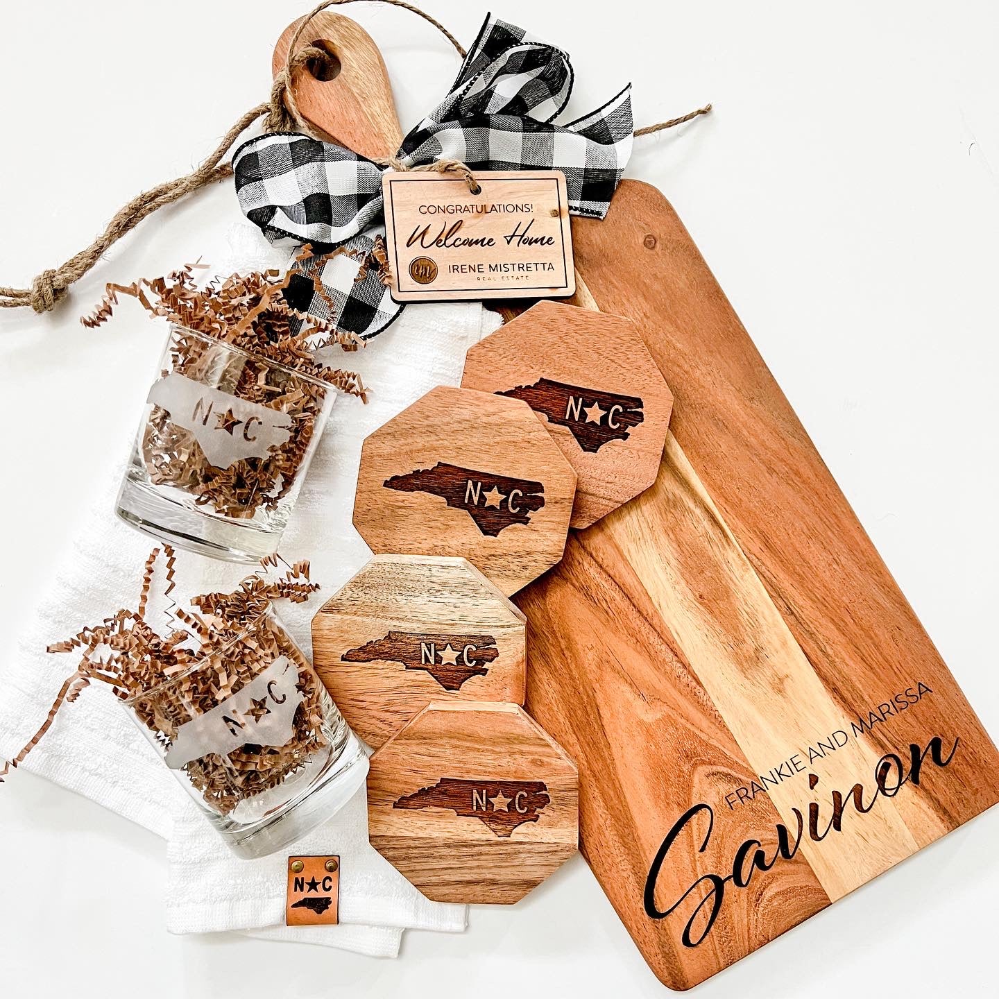 Custom Home Gift Baskets, Personalized Cutting Boards, Coasters