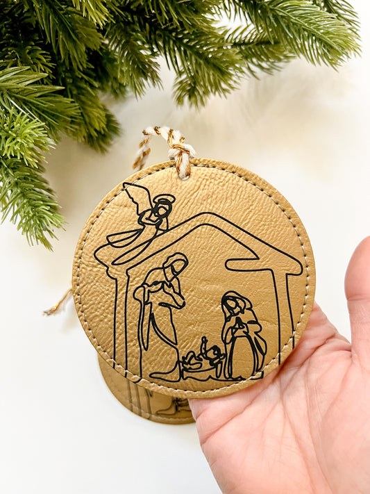 Modern Nativity Scene Leather Ornament
