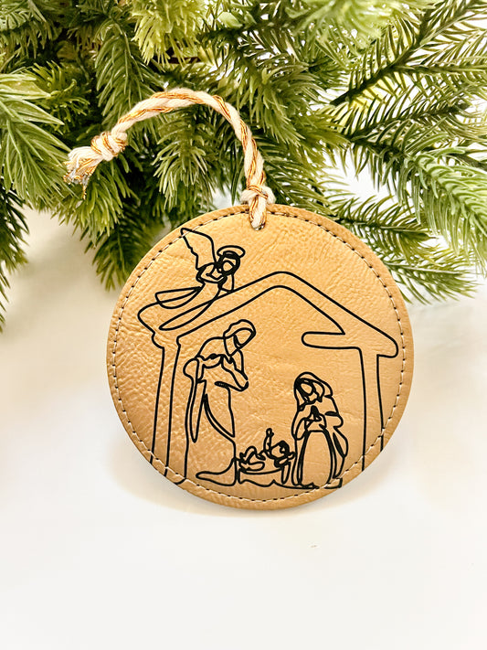Modern Nativity Scene Leather Ornament