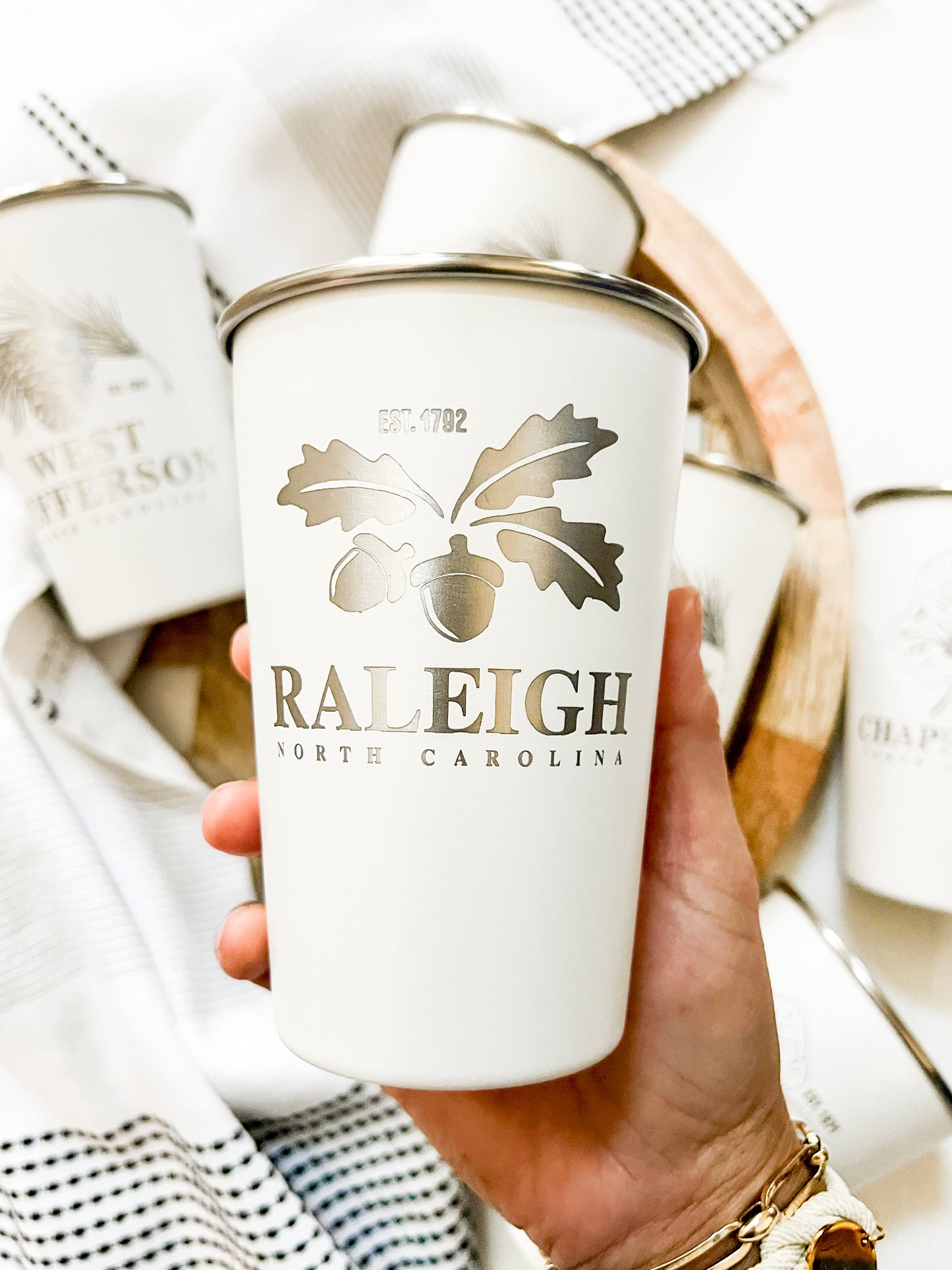Raleigh Engraved White Pint Cup