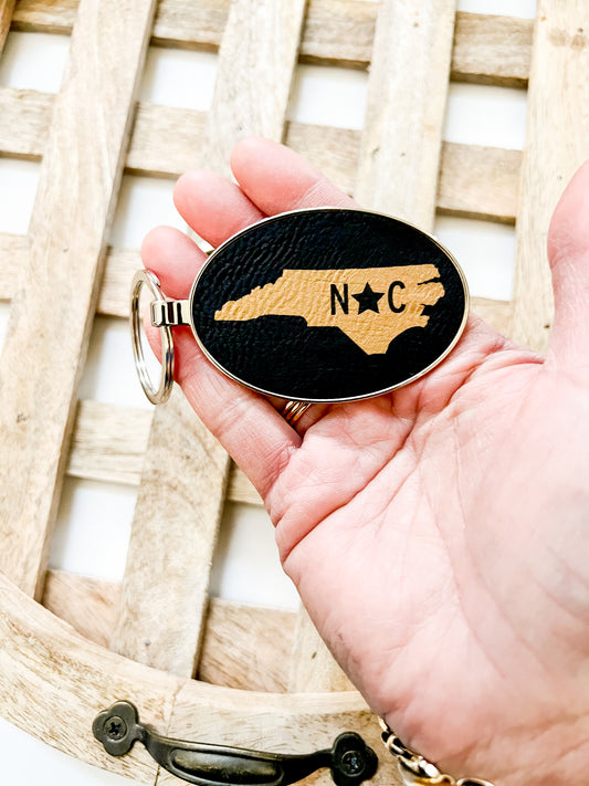 NC Map Leather + Metal Keychain