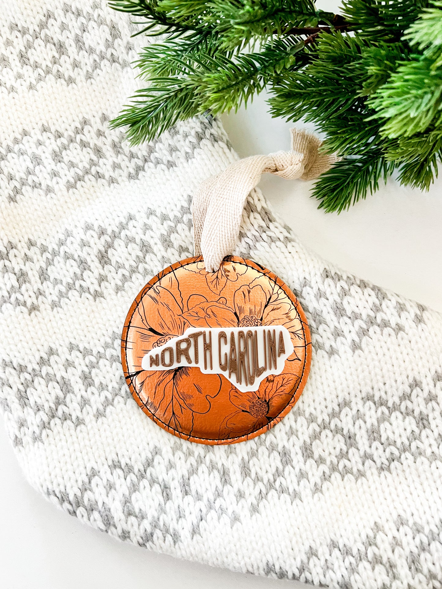 NC Dogwood State Map Leather Ornament