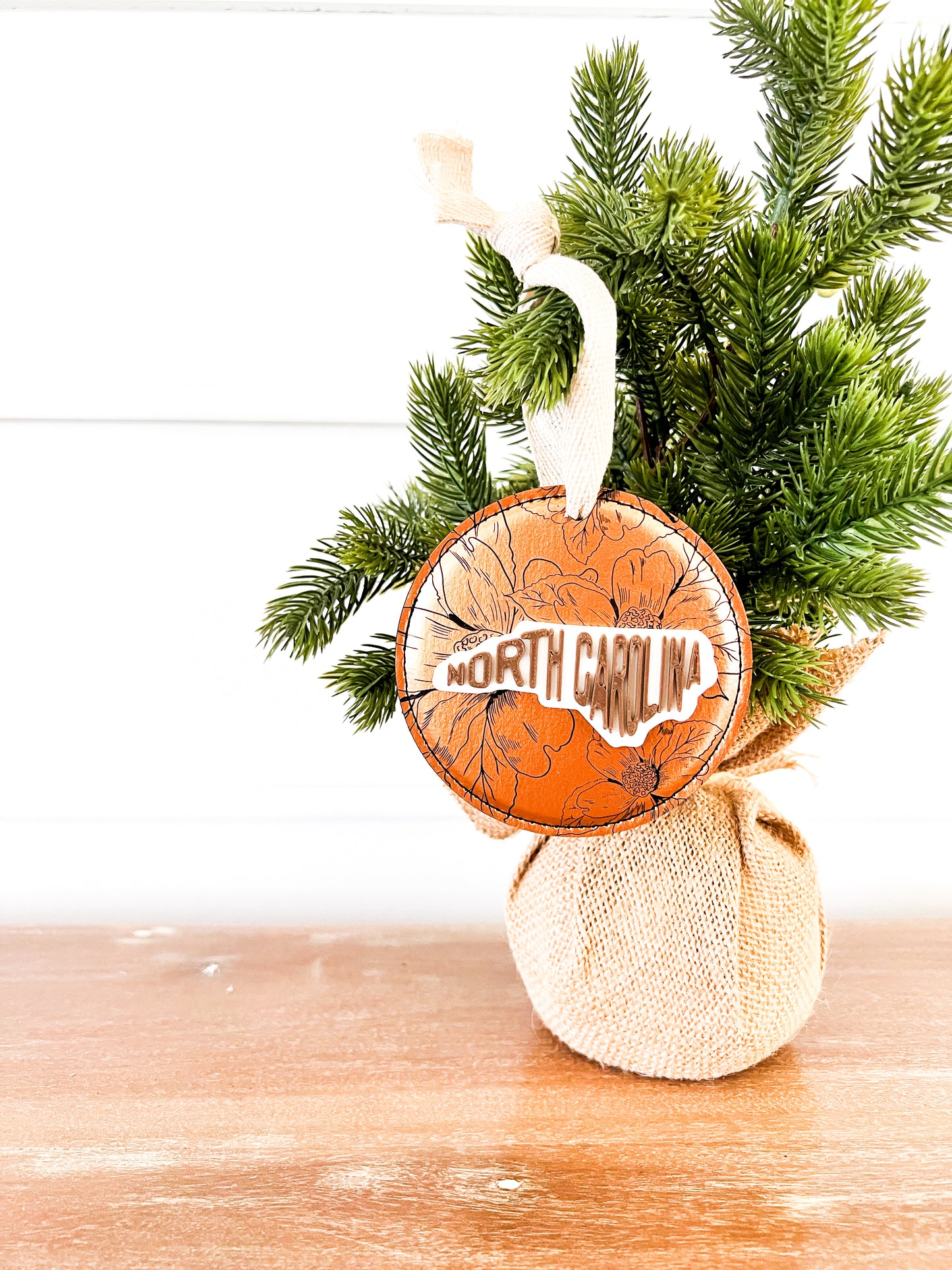 NC Dogwood State Map Leather Ornament