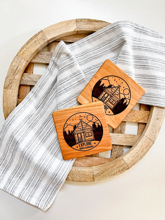 Explore NC Badge Engraved Square Wood Coaster