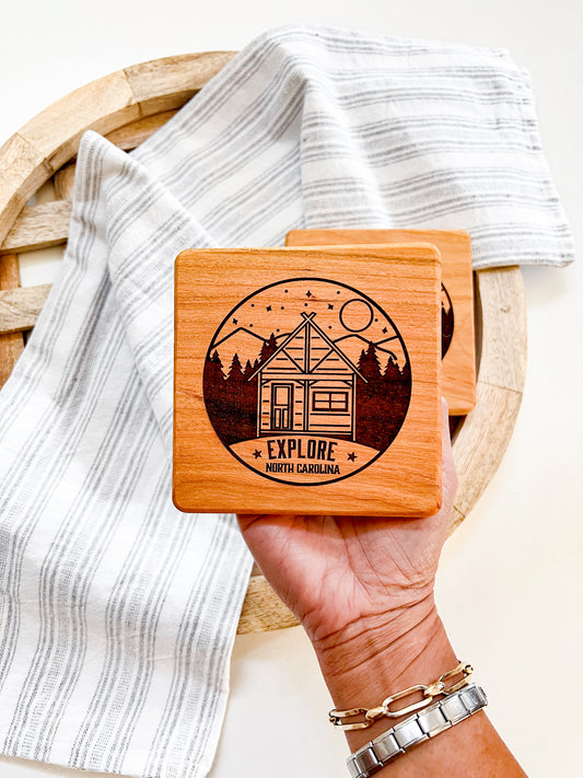 Explore NC Badge Engraved Square Wood Coaster