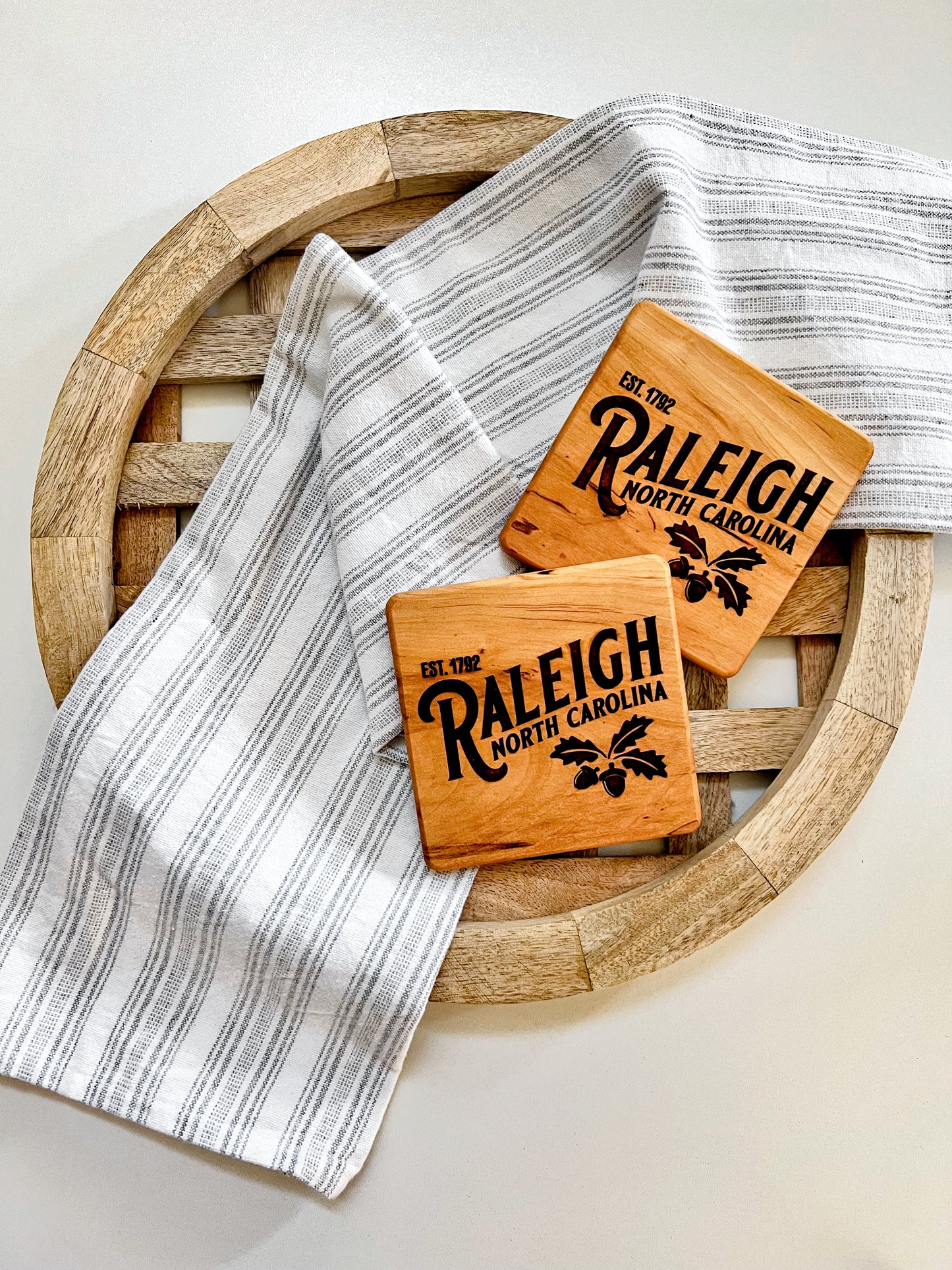 Raleigh NC Engraved Square Wood Coaster