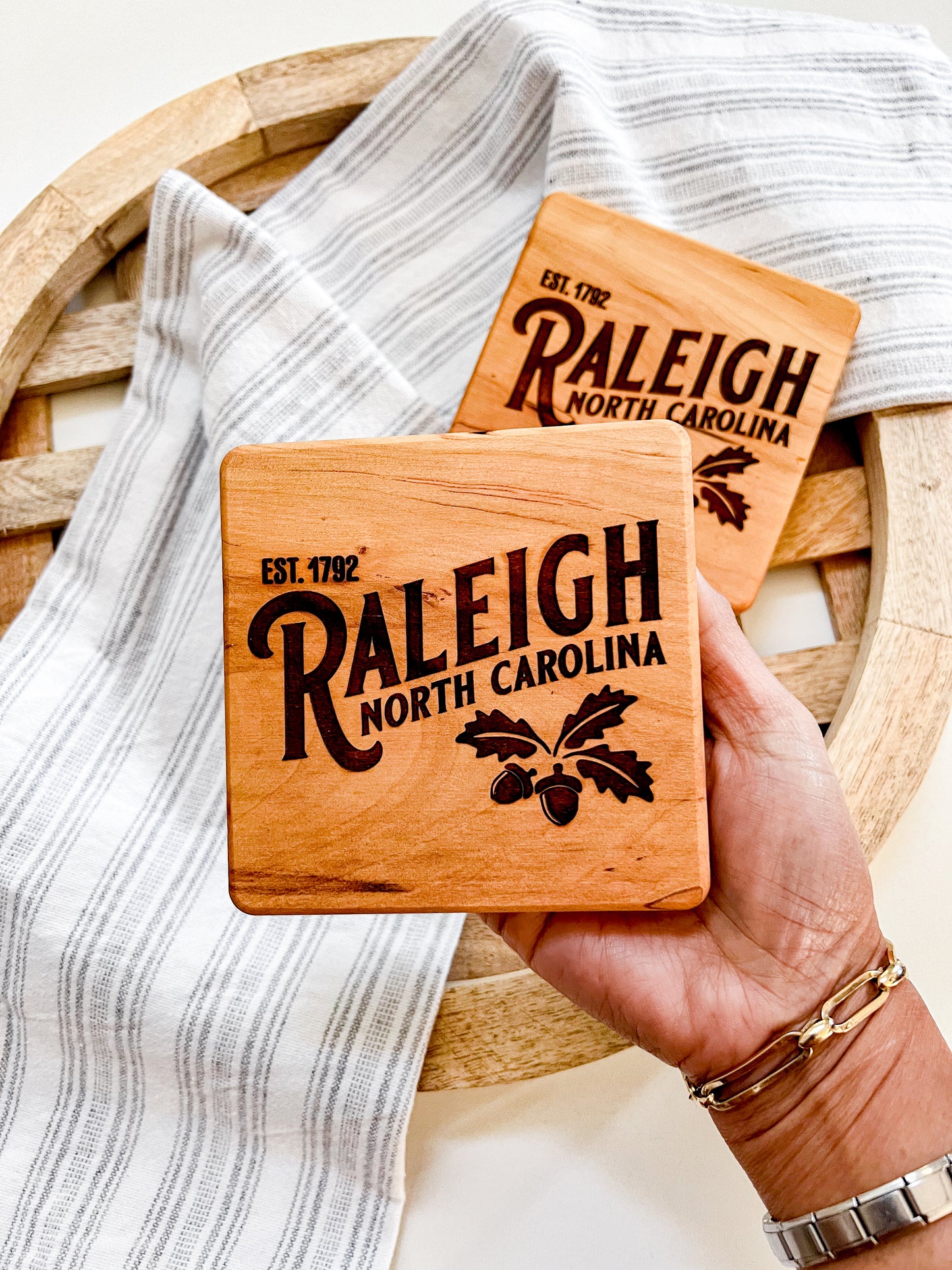 Raleigh NC Engraved Square Wood Coaster