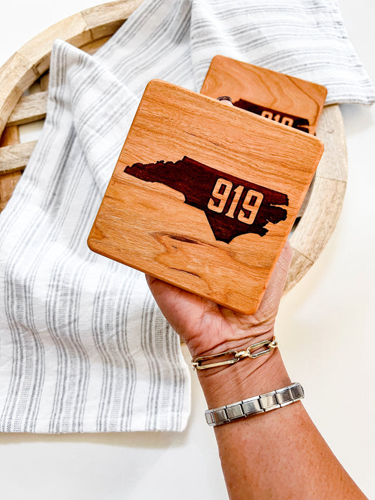 919 NC Map Engraved Square Wood Coaster