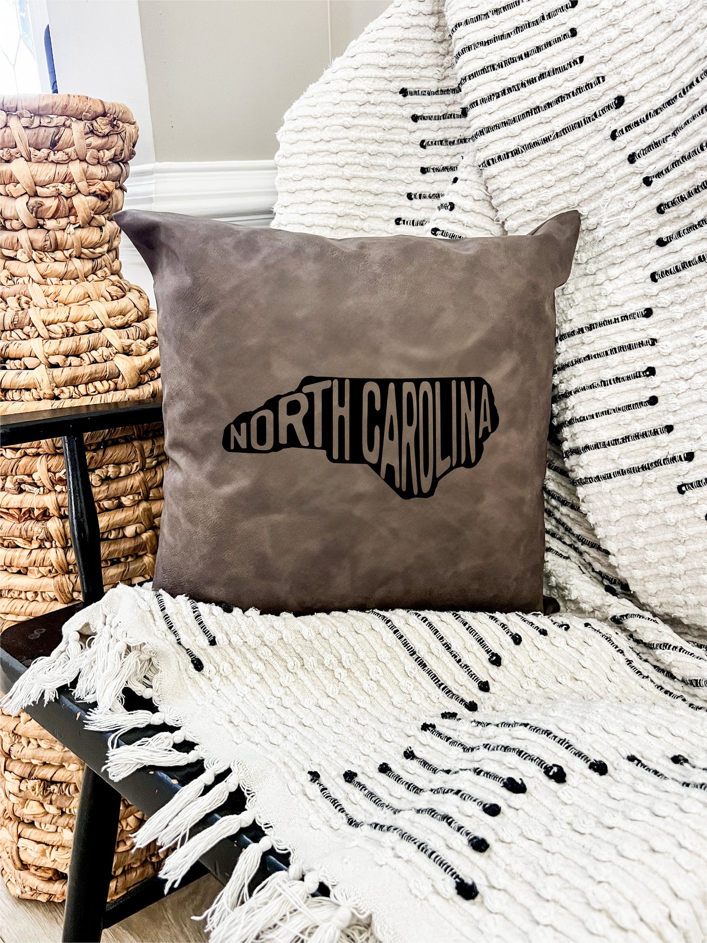 NC Map Leather Pillow Gray