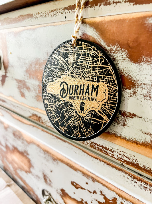 Durham Map Leather Ornament