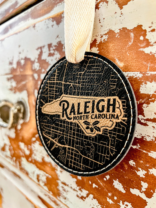 Raleigh Map Leather Ornament