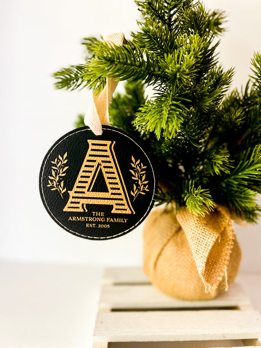 Vintage Style Monogrammed Leather Ornament