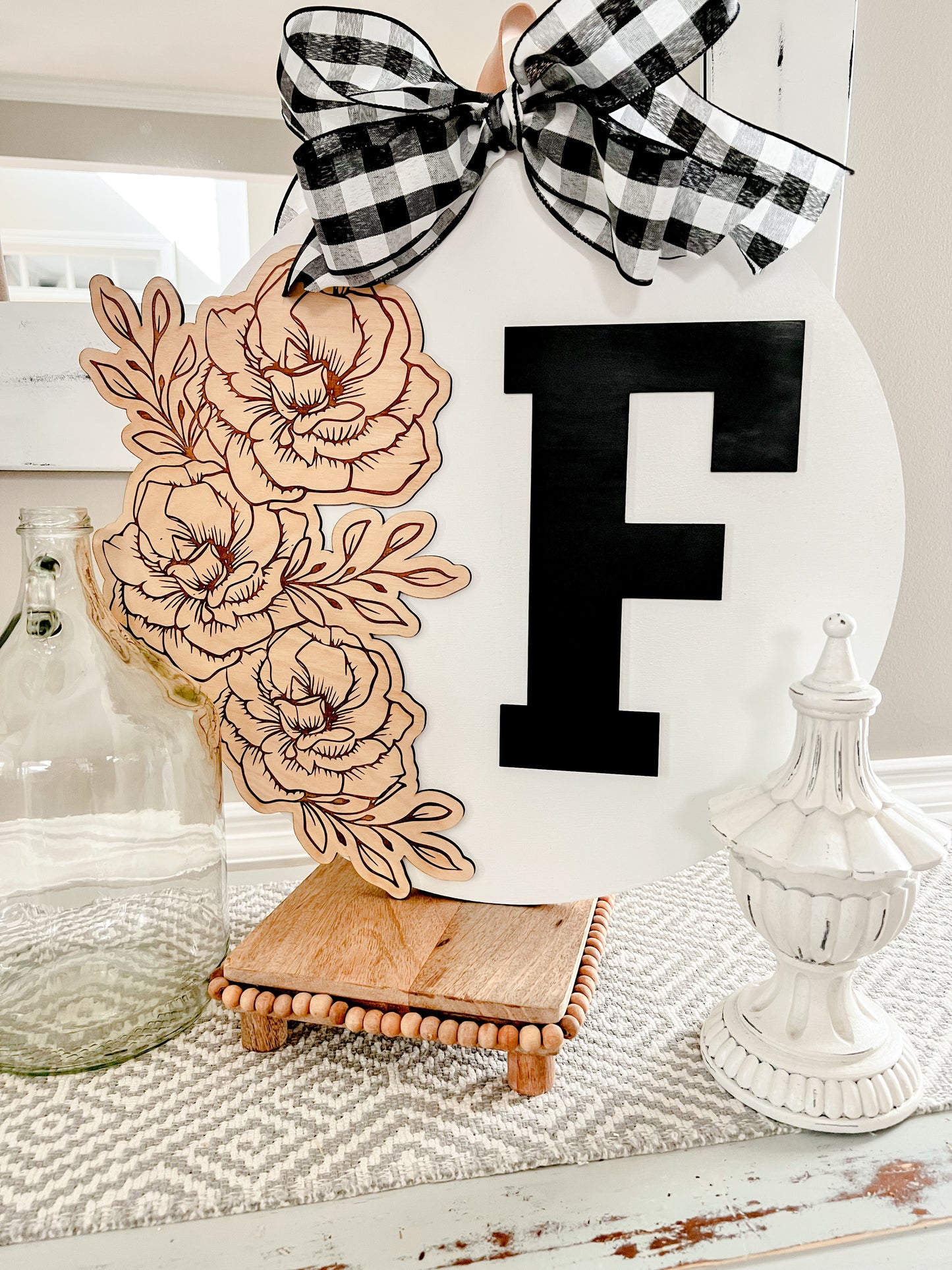 Single Monogram Door Hanger with Neutral Florals